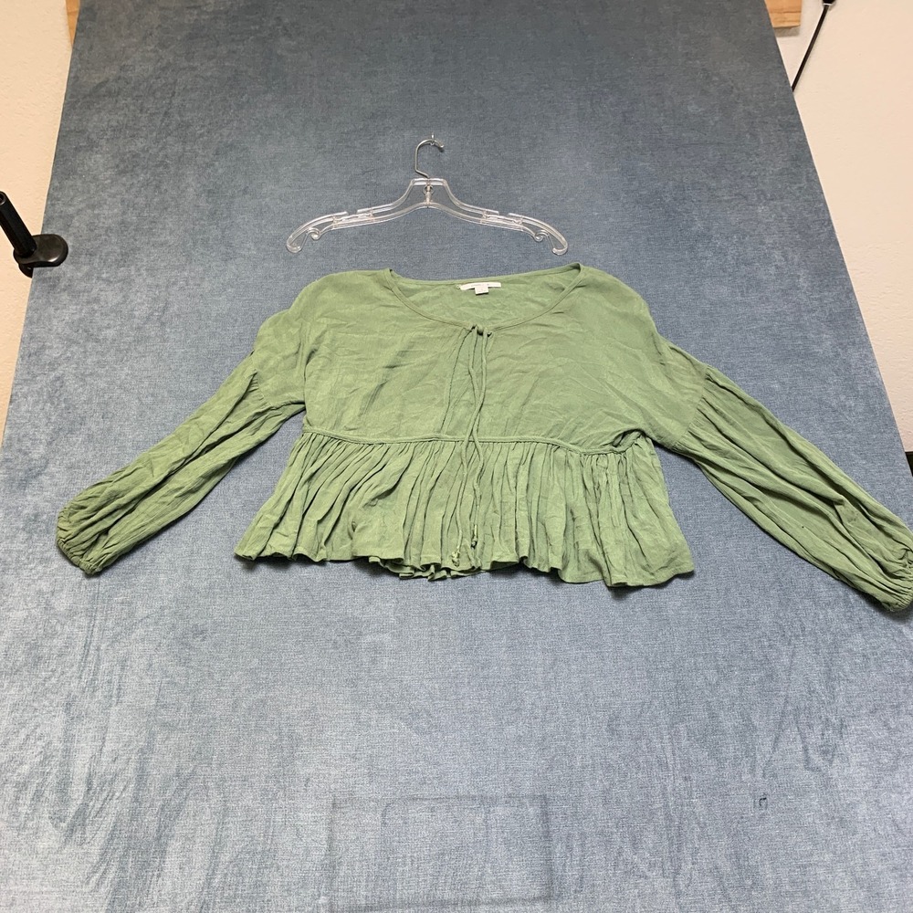 O'Neill Babydoll Crop Top Women Small Olive Green Long Sleeve Neck Tie Pleated